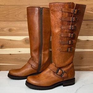 Frye Valerie 6 Strap Tall Boots Brown Leather Zip Brown‎ Women's size 5.5 B